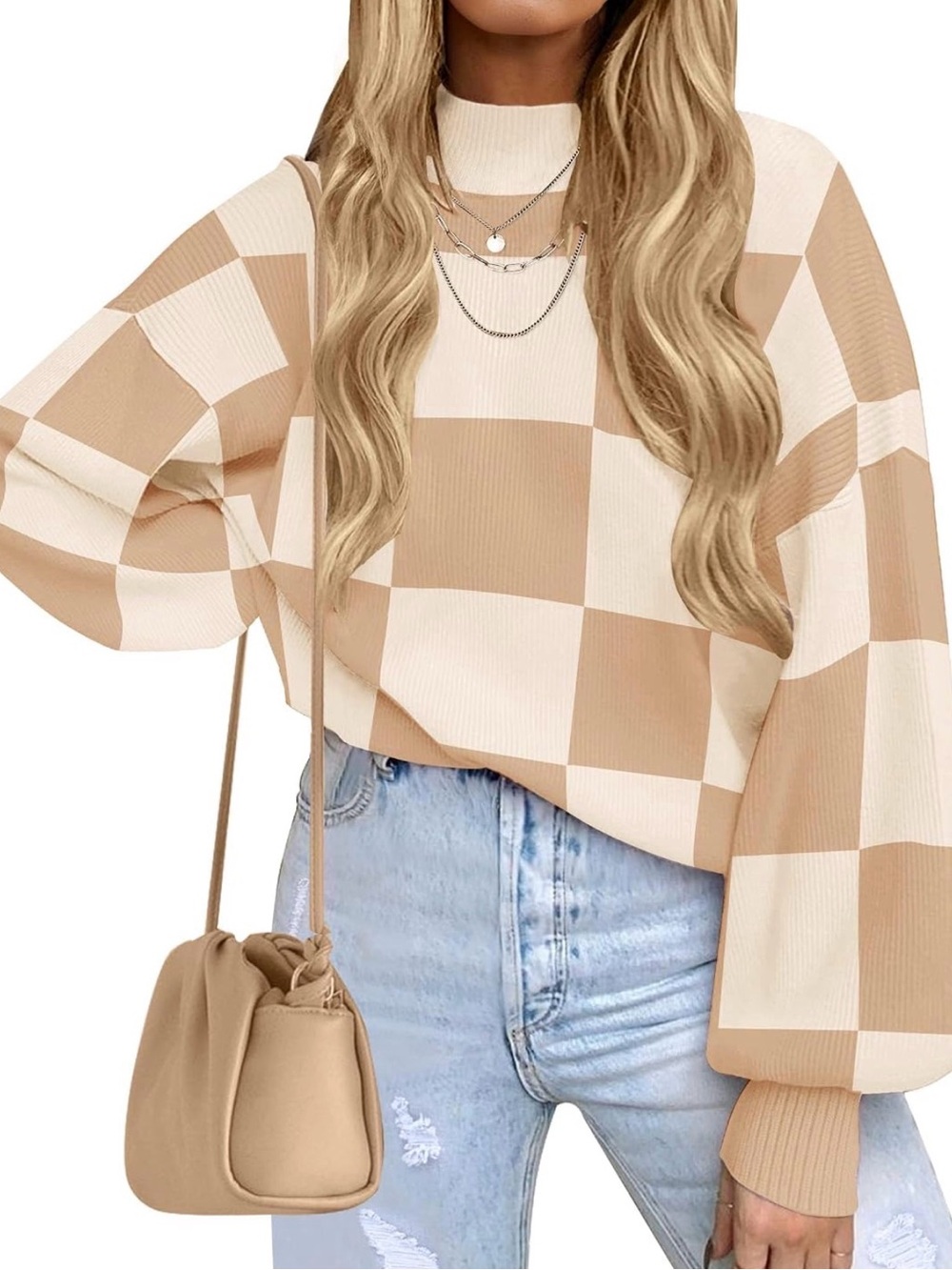 Checkerboard Knit Sweater - Cream & Tan Zesica Size L